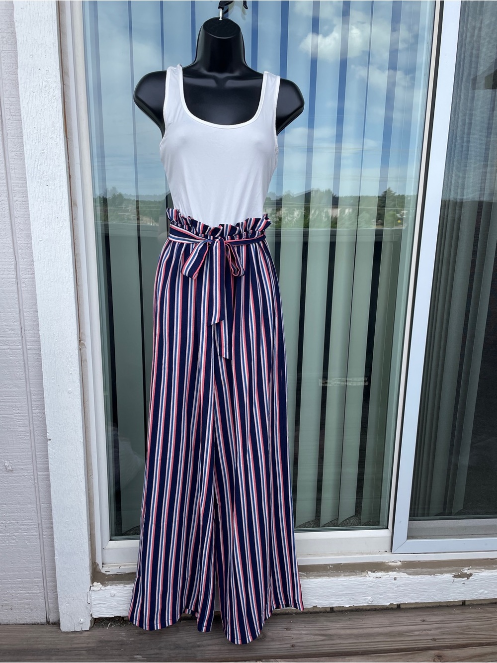Striped High-Waist Wide-Leg Jumpsuit in Navy, Pink, & White